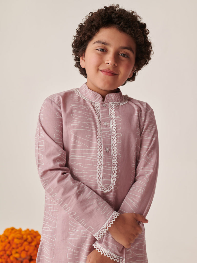 Boys Abstract Printed Mandarin Collar Straight Kurta With Pyjamas (KP-PINKISHKURTA)