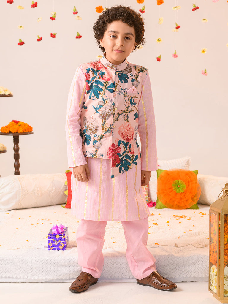 Boys Printed Pure Cotton Kurta With Pyjamas And Nehru Jacket (KP-PINKLUREX)