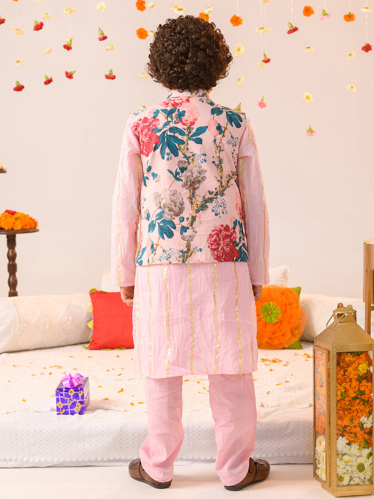 Boys Printed Pure Cotton Kurta With Pyjamas And Nehru Jacket (KP-PINKLUREX)