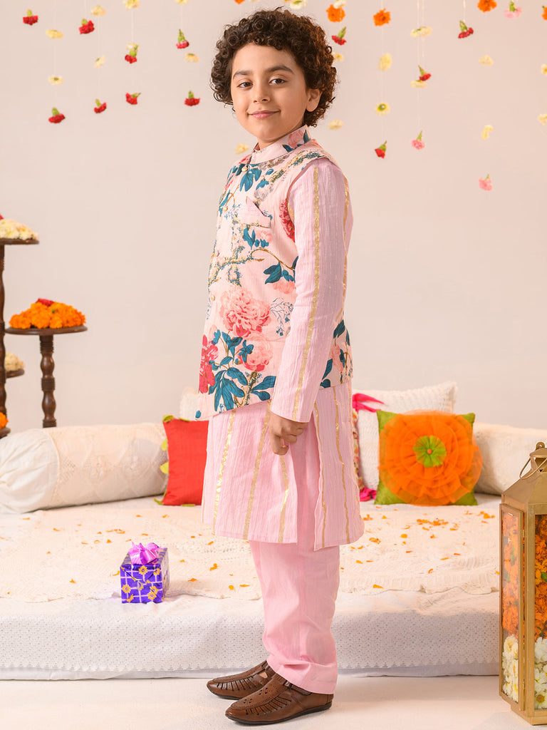 Boys Printed Pure Cotton Kurta With Pyjamas And Nehru Jacket (KP-PINKLUREX)