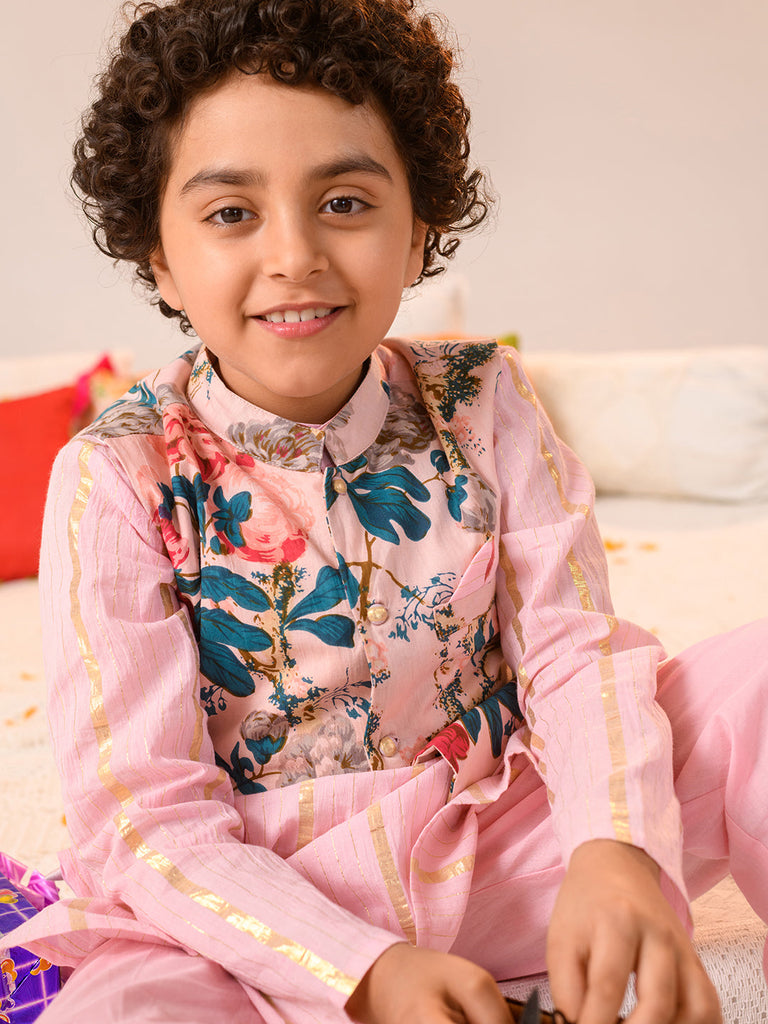 Boys Printed Pure Cotton Kurta With Pyjamas And Nehru Jacket (KP-PINKLUREX)