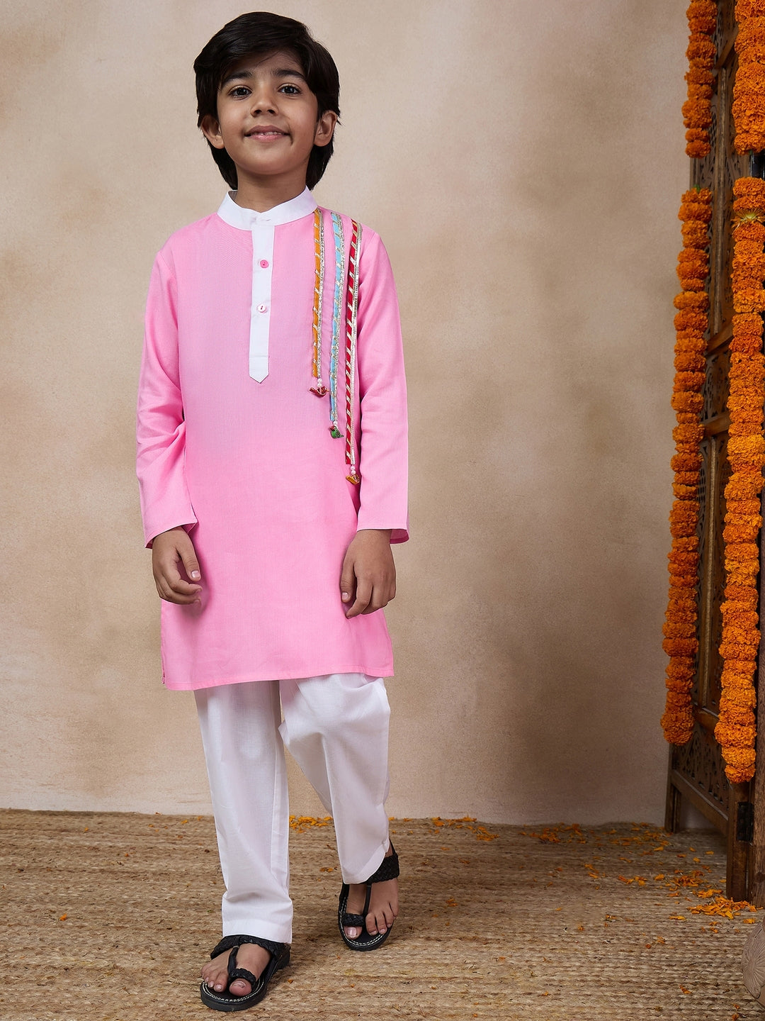 Boys Band Collar Straight Kurta With Pyjamas (KP-PINKWHITE)