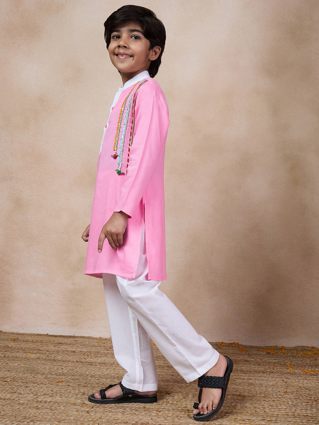 Boys Band Collar Straight Kurta With Pyjamas (KP-PINKWHITE)