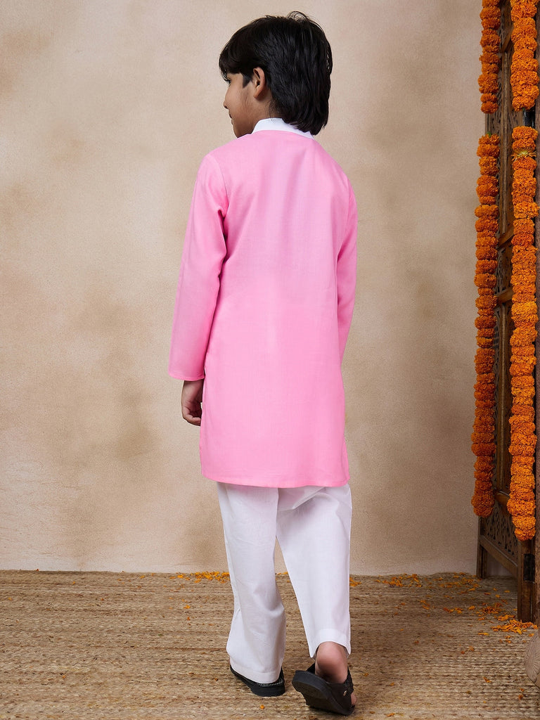 Boys Band Collar Straight Kurta With Pyjamas (KP-PINKWHITE)