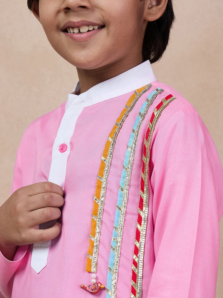 Boys Band Collar Straight Kurta With Pyjamas (KP-PINKWHITE)