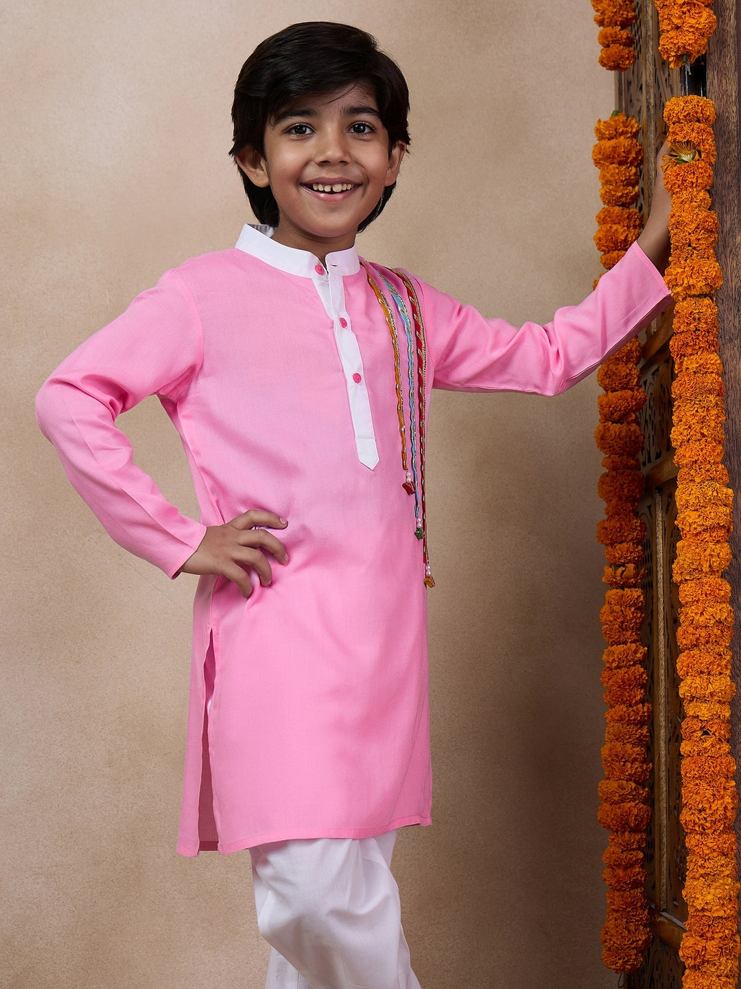 Boys Band Collar Straight Kurta With Pyjamas (KP-PINKWHITE)