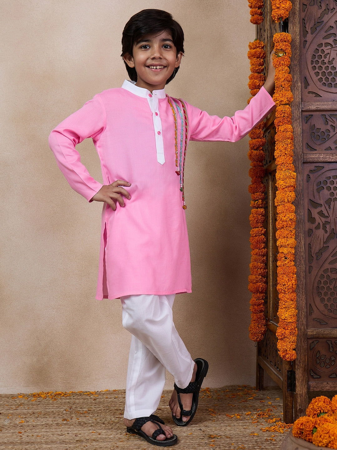 Boys Band Collar Straight Kurta With Pyjamas (KP-PINKWHITE)