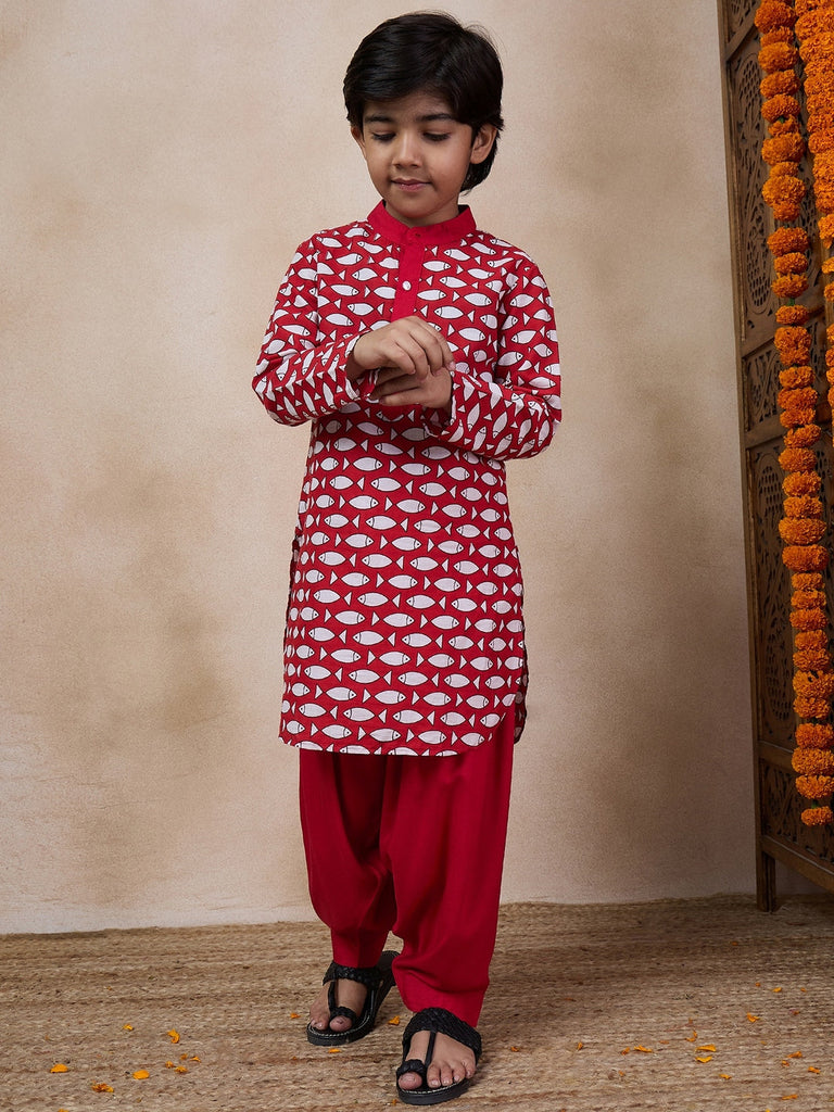 Boys Ethnic Motifs Printed Band Collar Kurta With Salwar (KP-REDFISH)