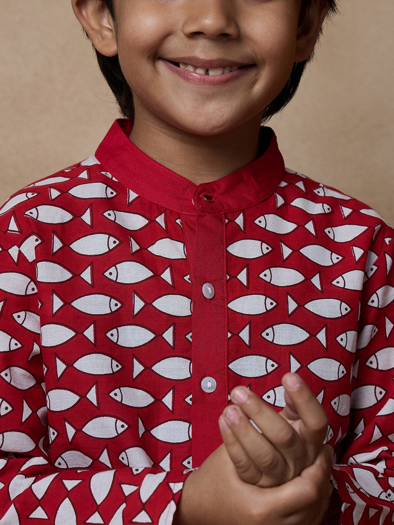 Boys Ethnic Motifs Printed Band Collar Kurta With Salwar (KP-REDFISH)