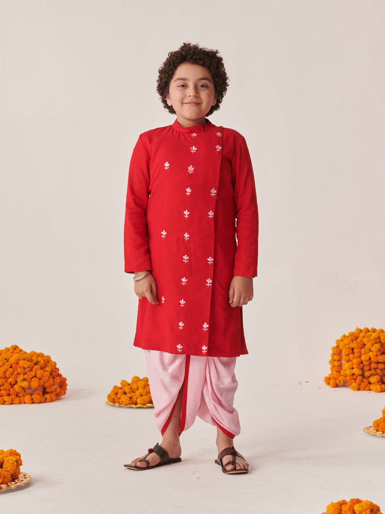 Boys Floral Embroidered Regular Kurta With Dhoti Pants (KP-REDPINKDHOTI)