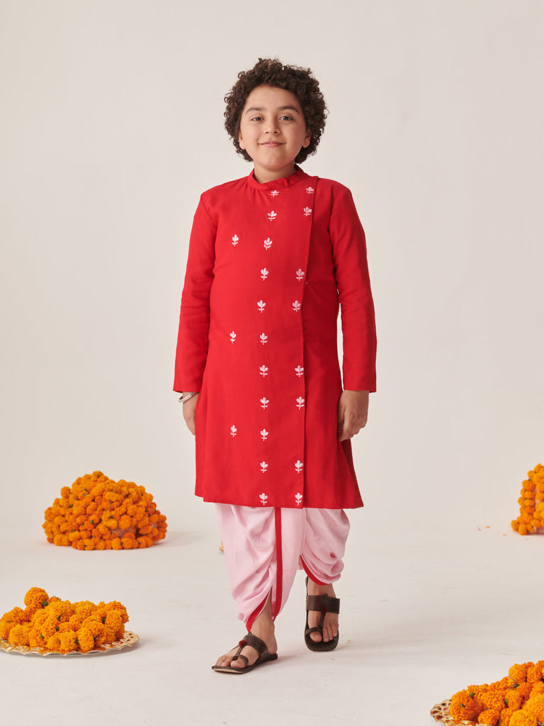 Boys Floral Embroidered Regular Kurta With Dhoti Pants (KP-REDPINKDHOTI)