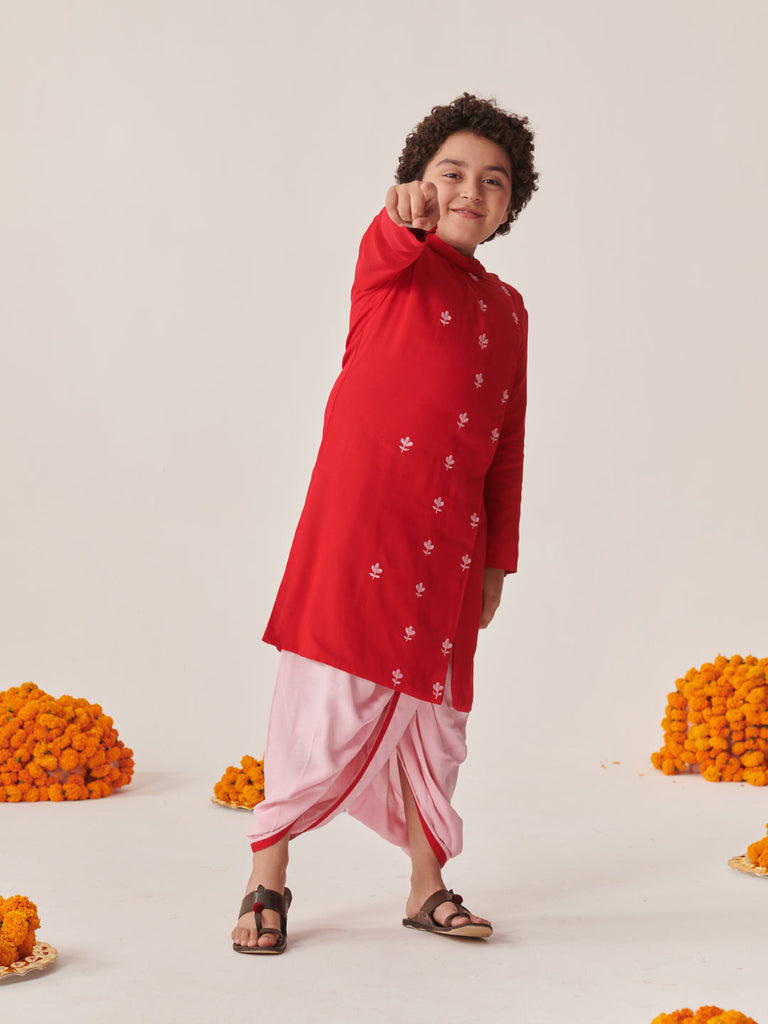 Boys Floral Embroidered Regular Kurta With Dhoti Pants (KP-REDPINKDHOTI)