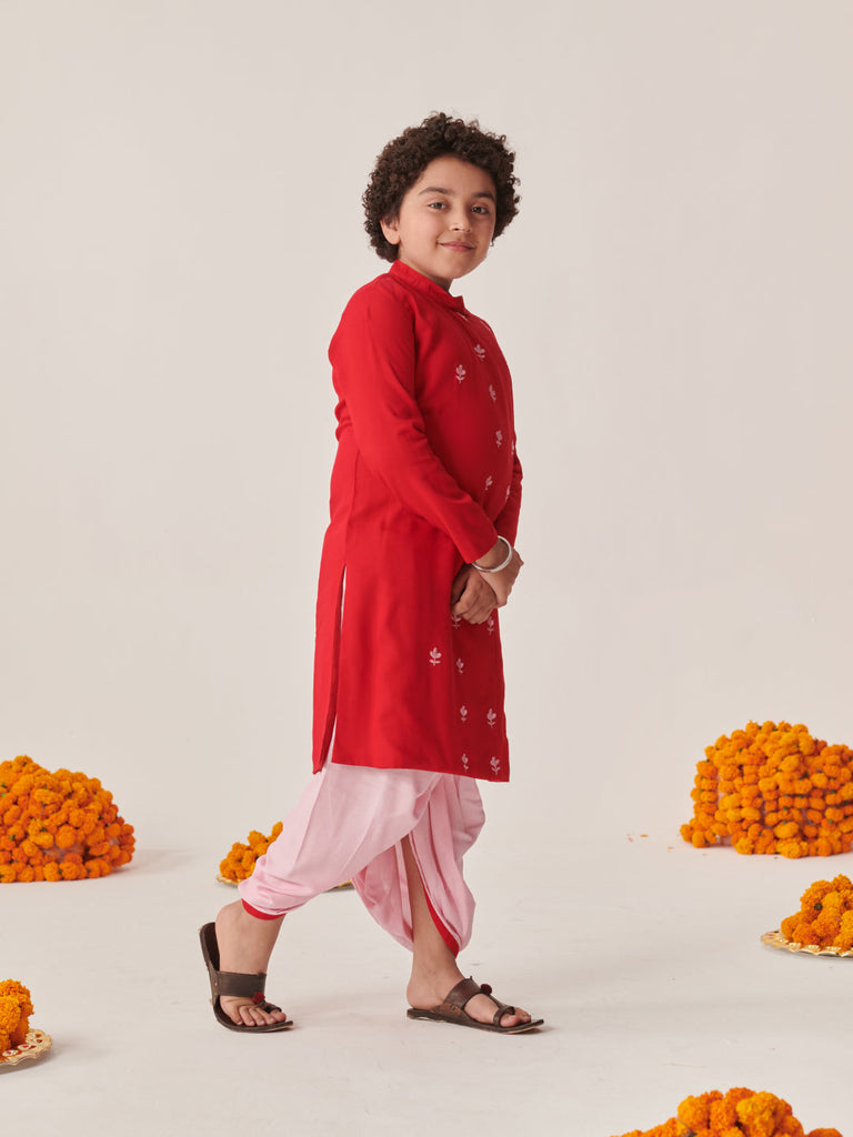 Boys Floral Embroidered Regular Kurta With Dhoti Pants (KP-REDPINKDHOTI)