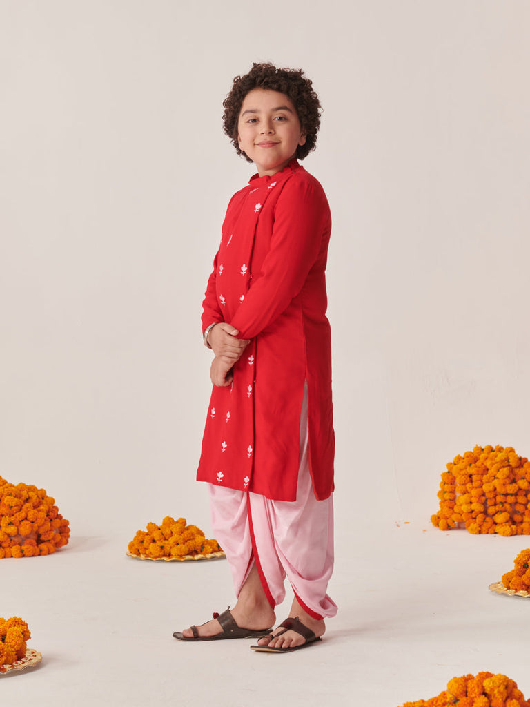 Boys Floral Embroidered Regular Kurta With Dhoti Pants (KP-REDPINKDHOTI)