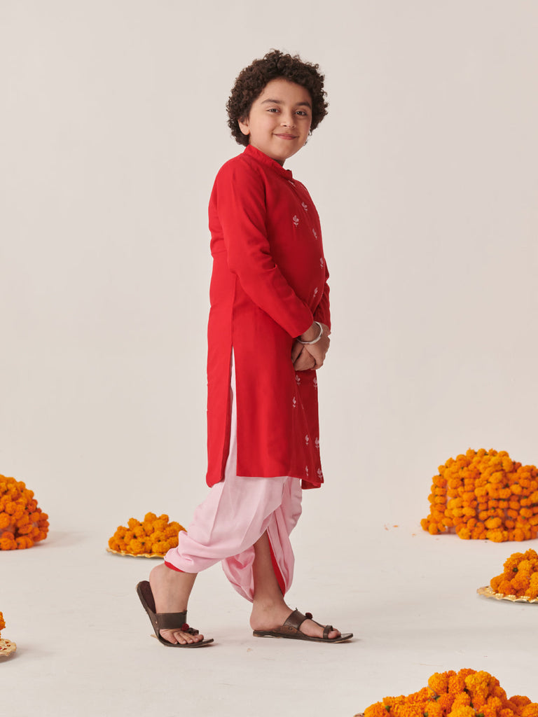 Boys Floral Embroidered Regular Kurta With Dhoti Pants (KP-REDPINKDHOTI)