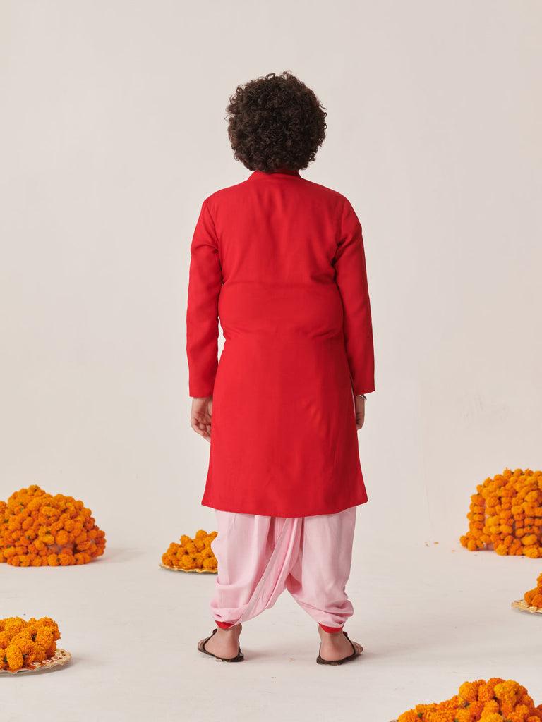 Boys Floral Embroidered Regular Kurta With Dhoti Pants (KP-REDPINKDHOTI)