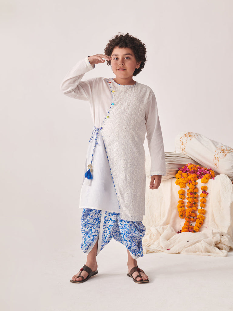 Boys Floral Printed Regular Thread Work Kurta With Dhoti Pants (KP-SCHIFFLYBLUEJAAL)