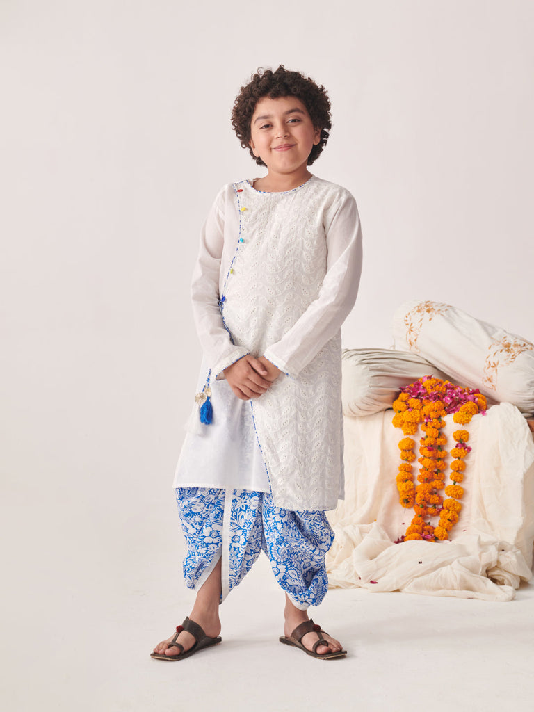 Boys Floral Printed Regular Thread Work Kurta With Dhoti Pants (KP-SCHIFFLYBLUEJAAL)