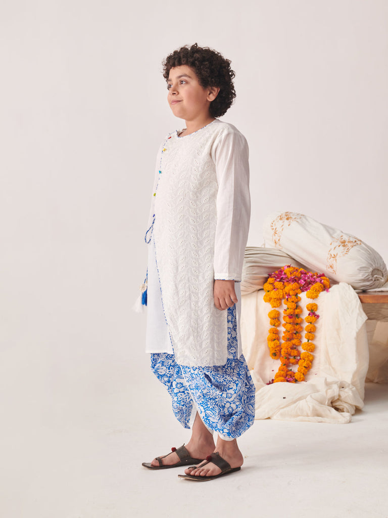 Boys Floral Printed Regular Thread Work Kurta With Dhoti Pants (KP-SCHIFFLYBLUEJAAL)