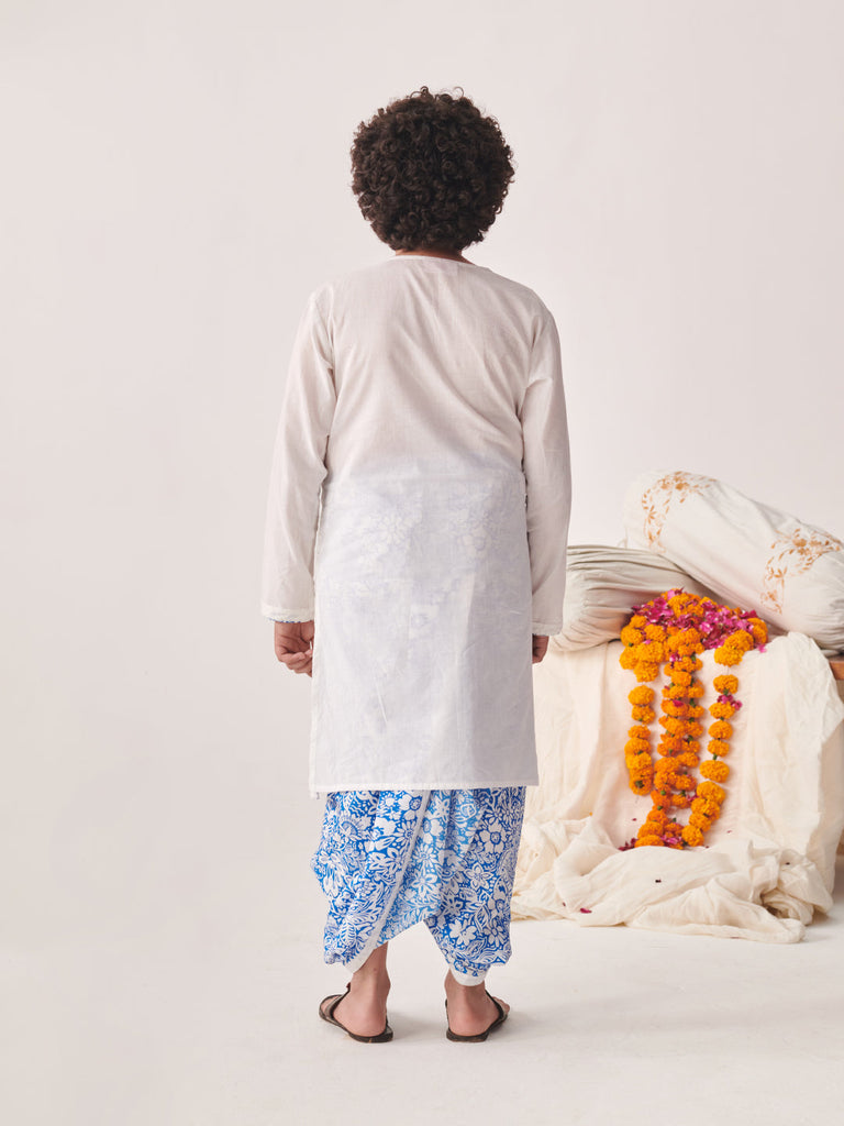 Boys Floral Printed Regular Thread Work Kurta With Dhoti Pants (KP-SCHIFFLYBLUEJAAL)