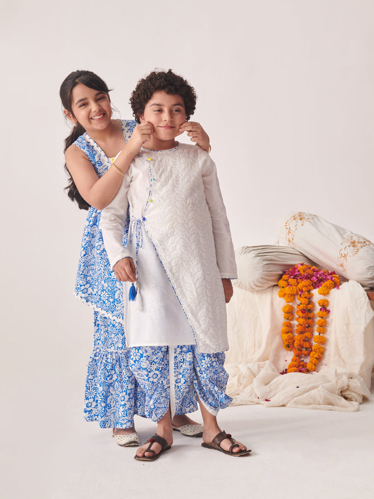 Boys Floral Printed Regular Thread Work Kurta With Dhoti Pants (KP-SCHIFFLYBLUEJAAL)