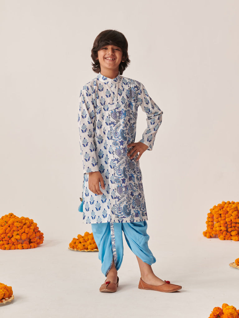 Boys Floral Printed Regular Kurta With Dhoti Pants (KP-SKYBLUEPRINT)