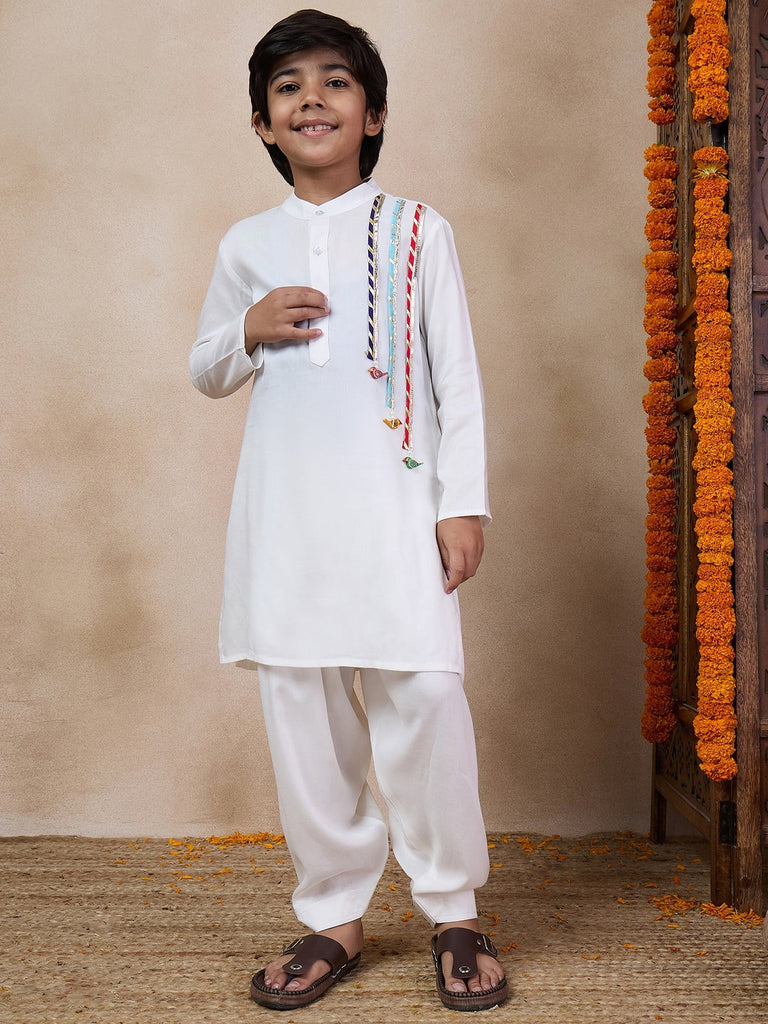 Boys Regular Kurta With Pyjamas (KP-WHITEMULTILACE)