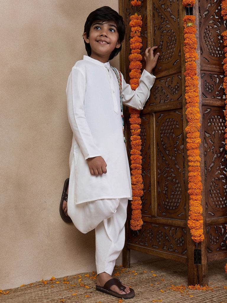 Boys Regular Kurta With Pyjamas (KP-WHITEMULTILACE)