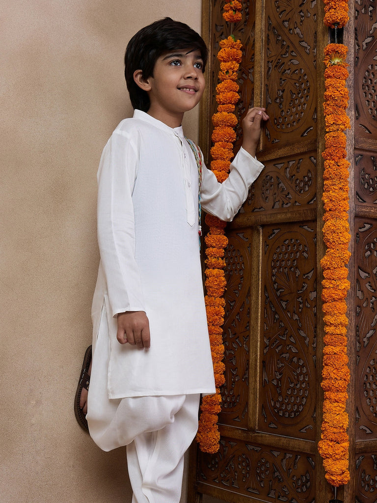 Boys Regular Kurta With Pyjamas (KP-WHITEMULTILACE)