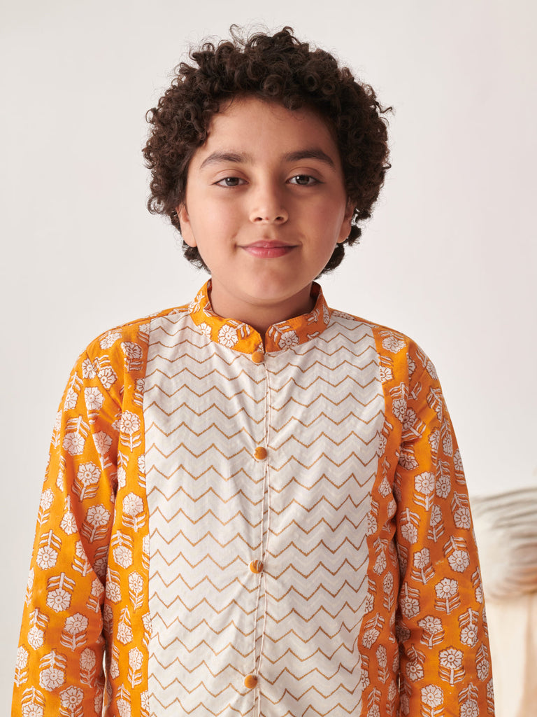 Boys Floral Printed Regular Kurta With Pyjamas (KP-WTORANGEBOOTI)