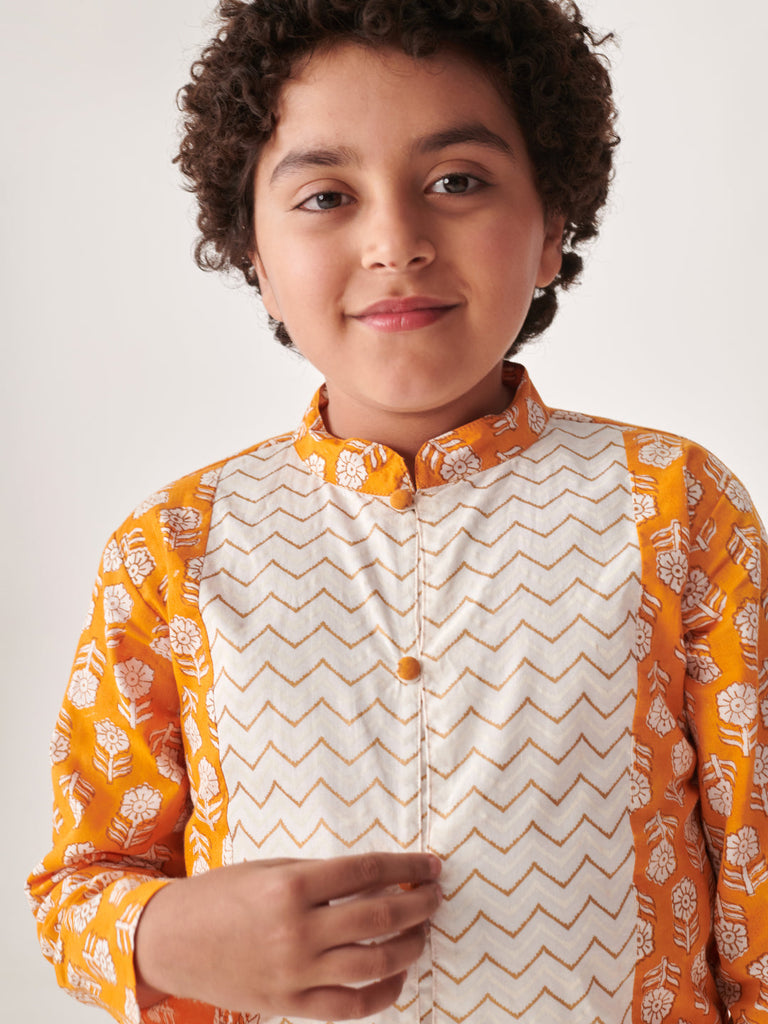 Boys Floral Printed Regular Kurta With Pyjamas (KP-WTORANGEBOOTI)