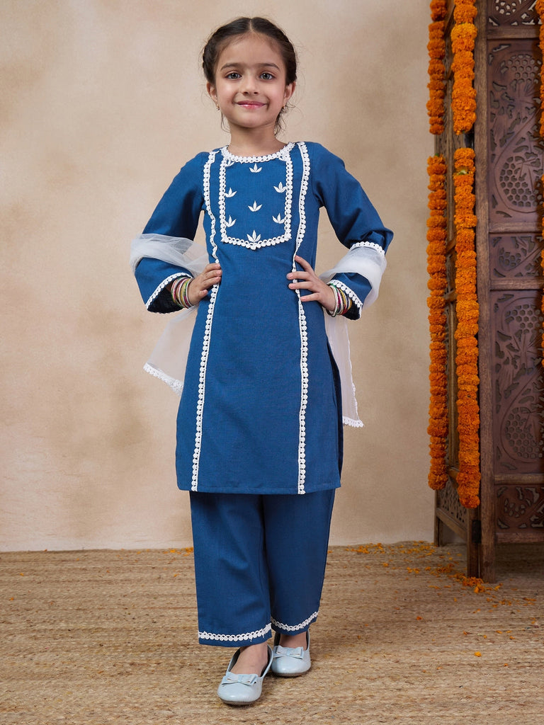 Girls Floral Yoke Design Regular Kurta With Trousers Dupatta (KS-BLUEEMB)