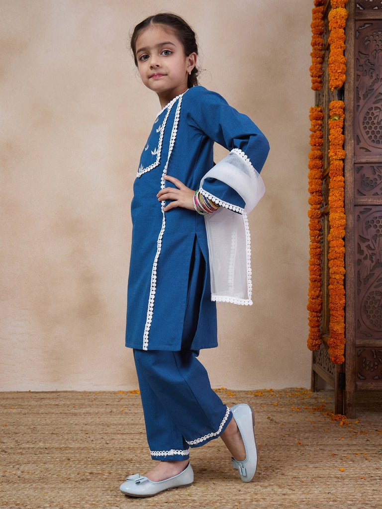 Girls Floral Yoke Design Regular Kurta With Trousers Dupatta (KS-BLUEEMB)