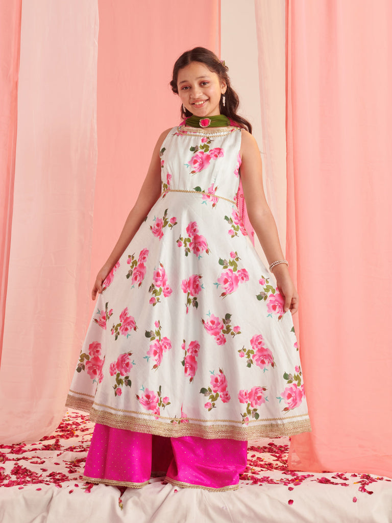 Girls Floral Printed Regular Gotta Patti Kurta With Palazzos With Dupatta (KS-LTBLUEDUPION)