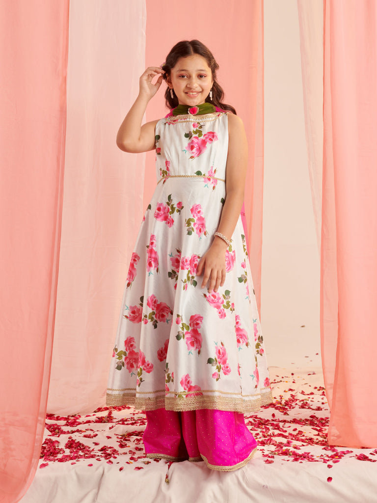 Girls Floral Printed Regular Gotta Patti Kurta With Palazzos With Dupatta (KS-LTBLUEDUPION)