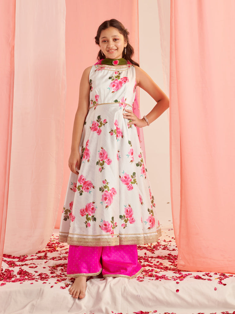 Girls Floral Printed Regular Gotta Patti Kurta With Palazzos With Dupatta (KS-LTBLUEDUPION)