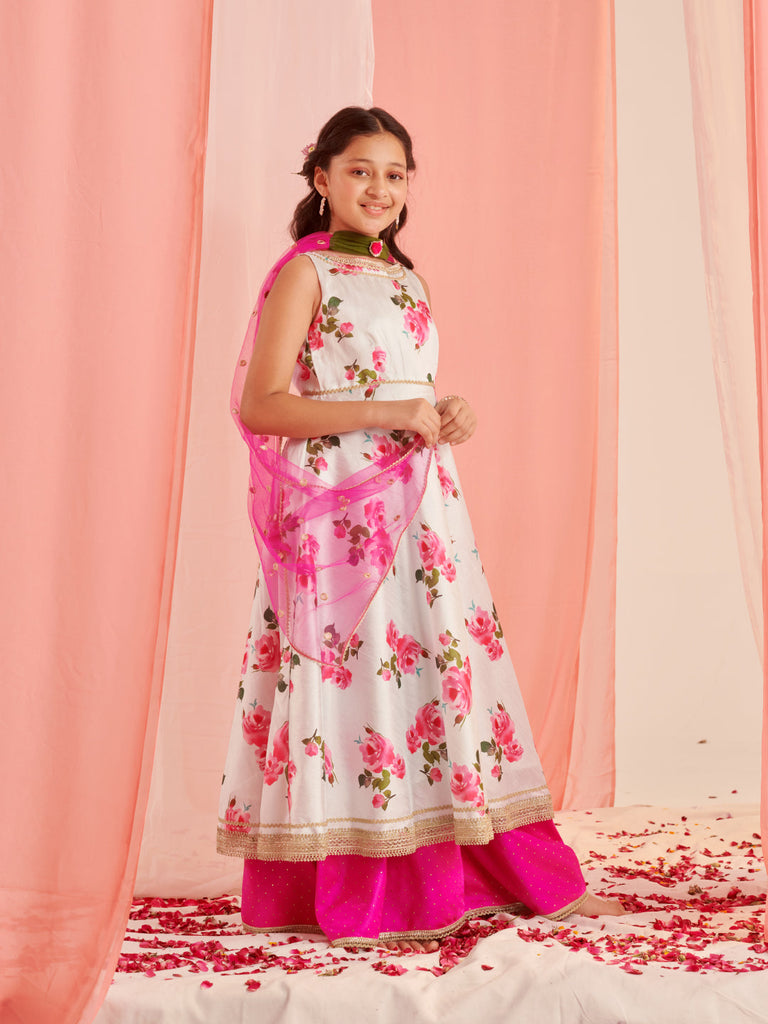 Girls Floral Printed Regular Gotta Patti Kurta With Palazzos With Dupatta (KS-LTBLUEDUPION)