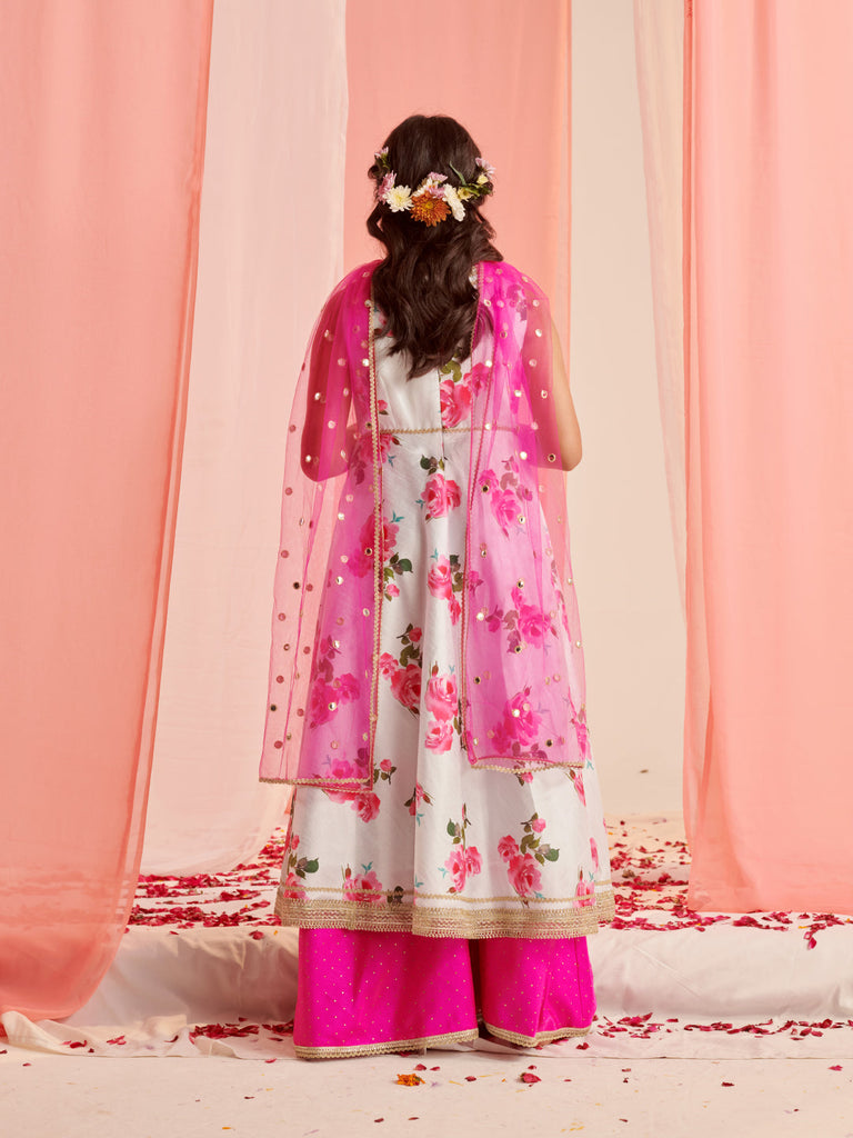 Girls Floral Printed Regular Gotta Patti Kurta With Palazzos With Dupatta (KS-LTBLUEDUPION)