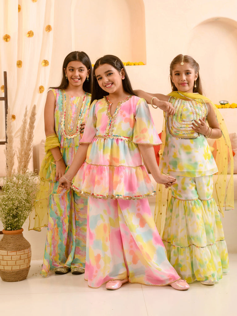 Girls Abstract Printed Sequinned Regular A-Line Kurta & Sharara With Dupatta (KS-MULTIGGT)