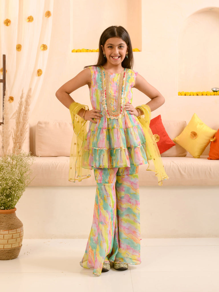 Girls Abstract Printed Sequinned Regular A-Line Kurta & Sharara With Dupatta (KS-MULTIGGT)