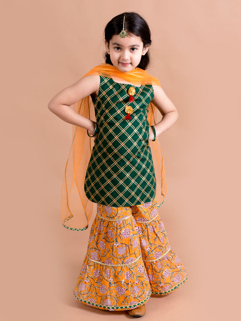 Pspeaches Girls Green Embroidered Pure Cotton Kurta with Sharara & With Dupatta (KS-OrangeGreenfoil)