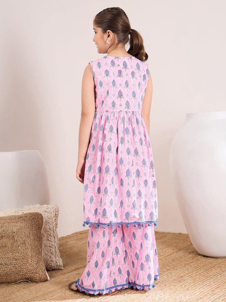 Girls Ethnic Motifs Printed Pleated A-Line Pure Cotton Kurta with Palazzo (KS-PINKBLUELEAF)