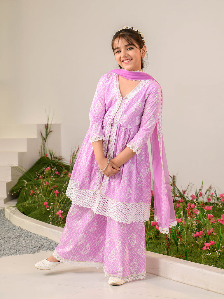 Girls Ethnic Motifs Printed Regular Pure Cotton Kurta With Palazzos Dupatta (KS-PURPLEKHADDI)