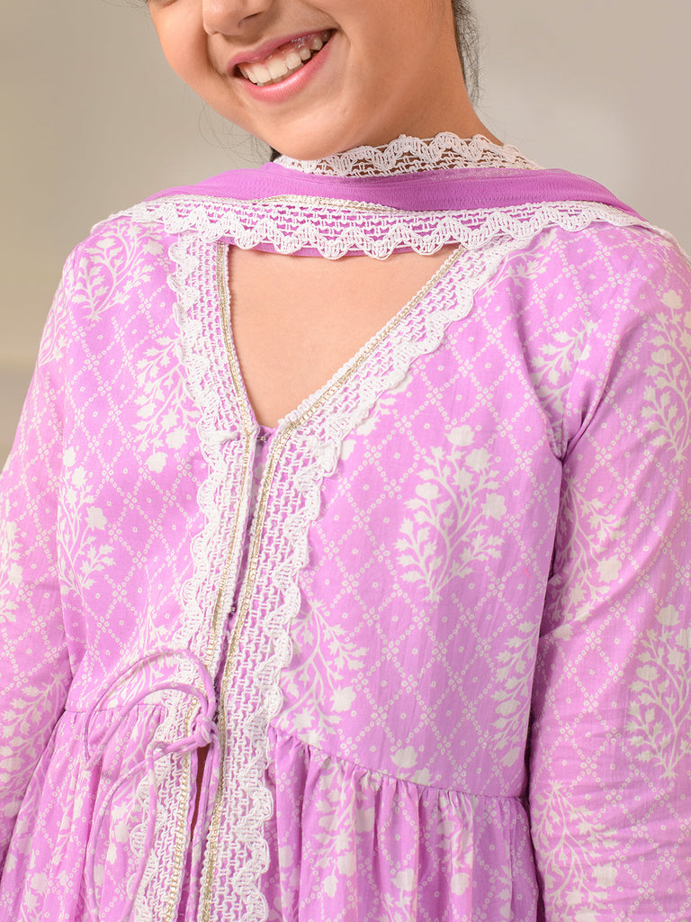 Girls Ethnic Motifs Printed Regular Pure Cotton Kurta With Palazzos Dupatta (KS-PURPLEKHADDI)