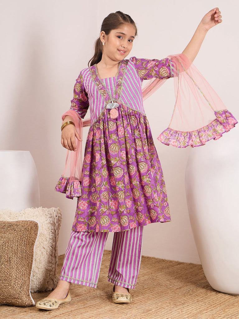 Girls Floral Printed A-Line Pure Cotton Kurta with Trousers & Dupatta (KS-PURPLESTRIPE)