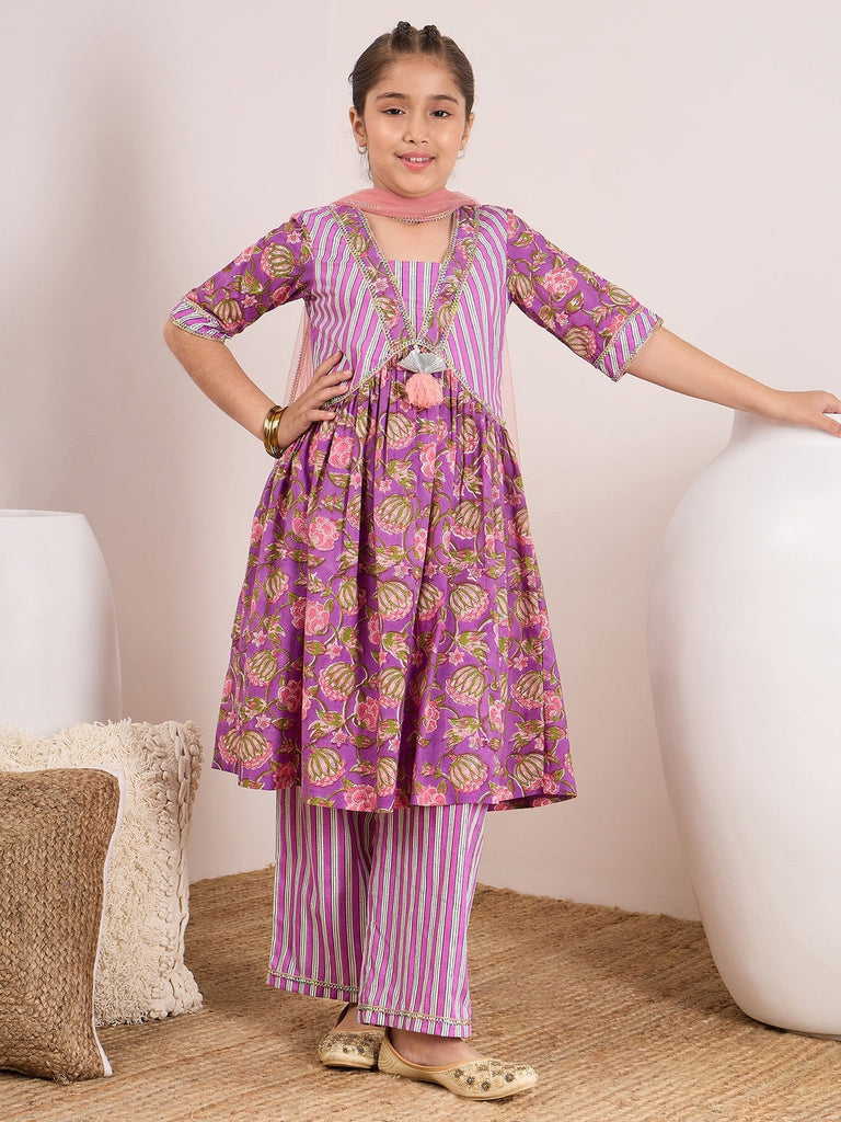 Girls Floral Printed A-Line Pure Cotton Kurta with Trousers & Dupatta (KS-PURPLESTRIPE)