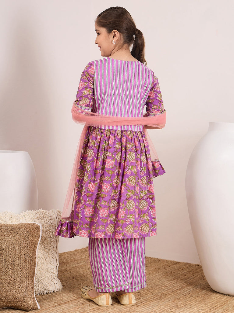 Girls Floral Printed A-Line Pure Cotton Kurta with Trousers & Dupatta (KS-PURPLESTRIPE)