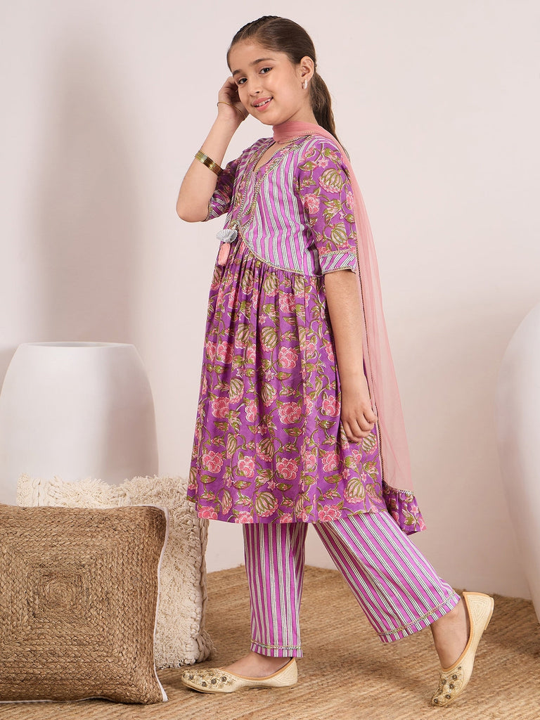 Girls Floral Printed A-Line Pure Cotton Kurta with Trousers & Dupatta (KS-PURPLESTRIPE)