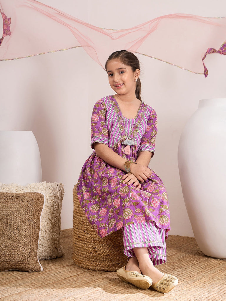 Girls Floral Printed A-Line Pure Cotton Kurta with Trousers & Dupatta (KS-PURPLESTRIPE)