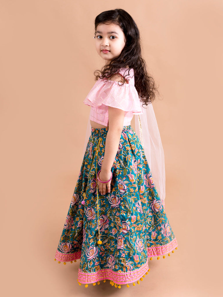 Girls Blue & Pink Ready to Wear Lehenga & Blouse With Dupatta (L-Bluejaalcold)